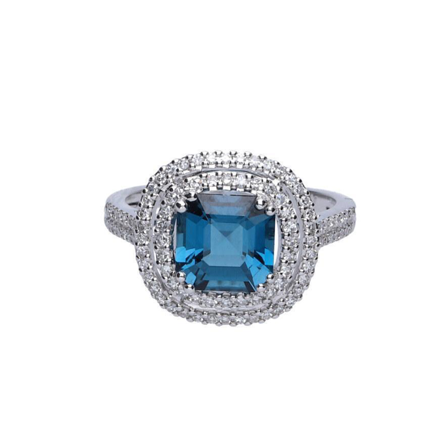 Anillo Diamantes Topacio Azul Oro Blanco 18K