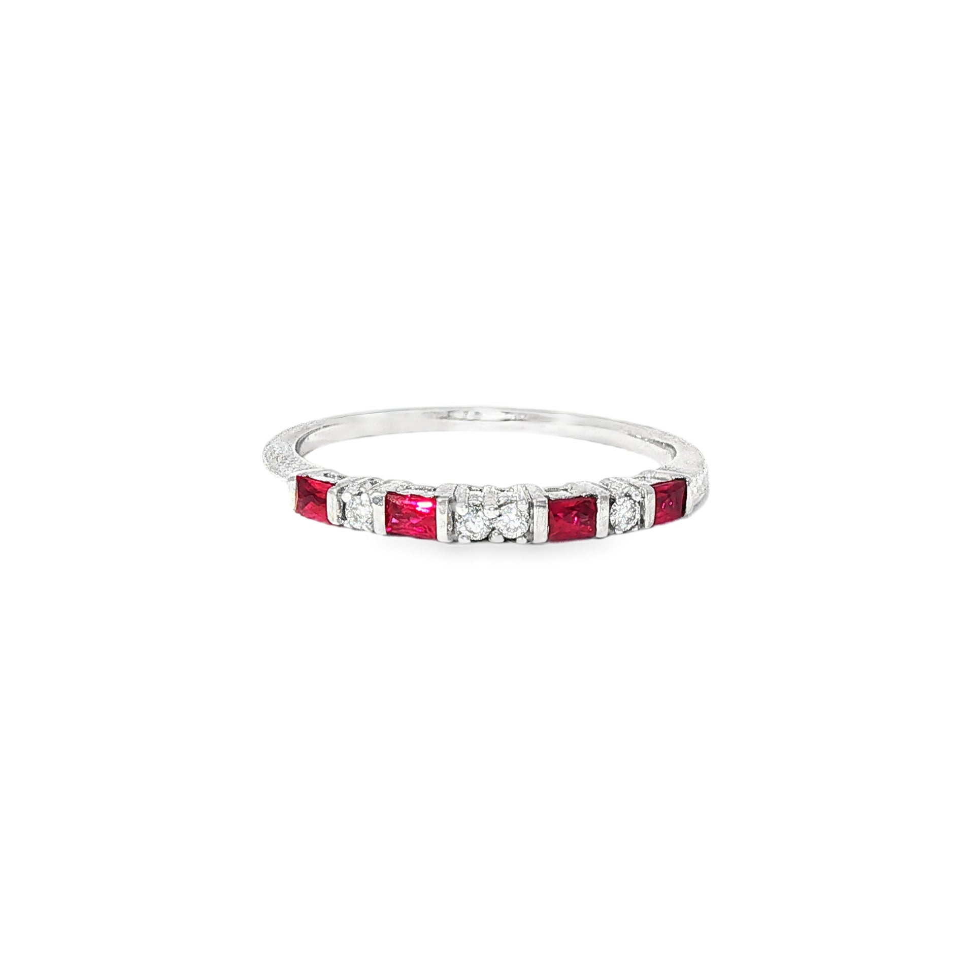 Anillo Cintillo Oro Blanco 18K Rubí y Diamantes Naturales