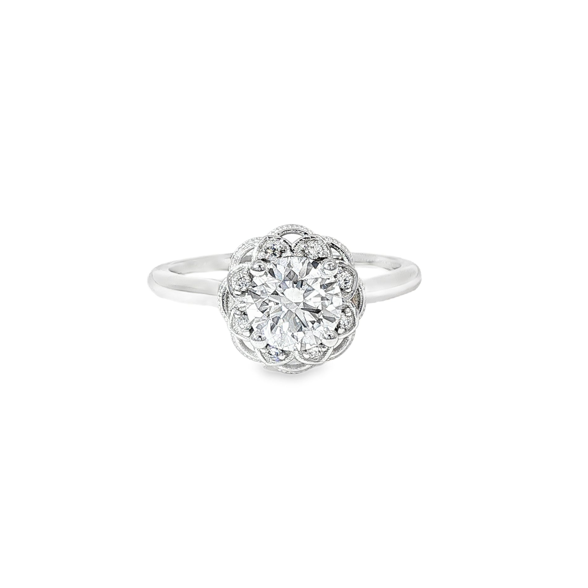 Anillo Solitario Halo Floral Oro Blanco 18K Diamantes de Laboratorio