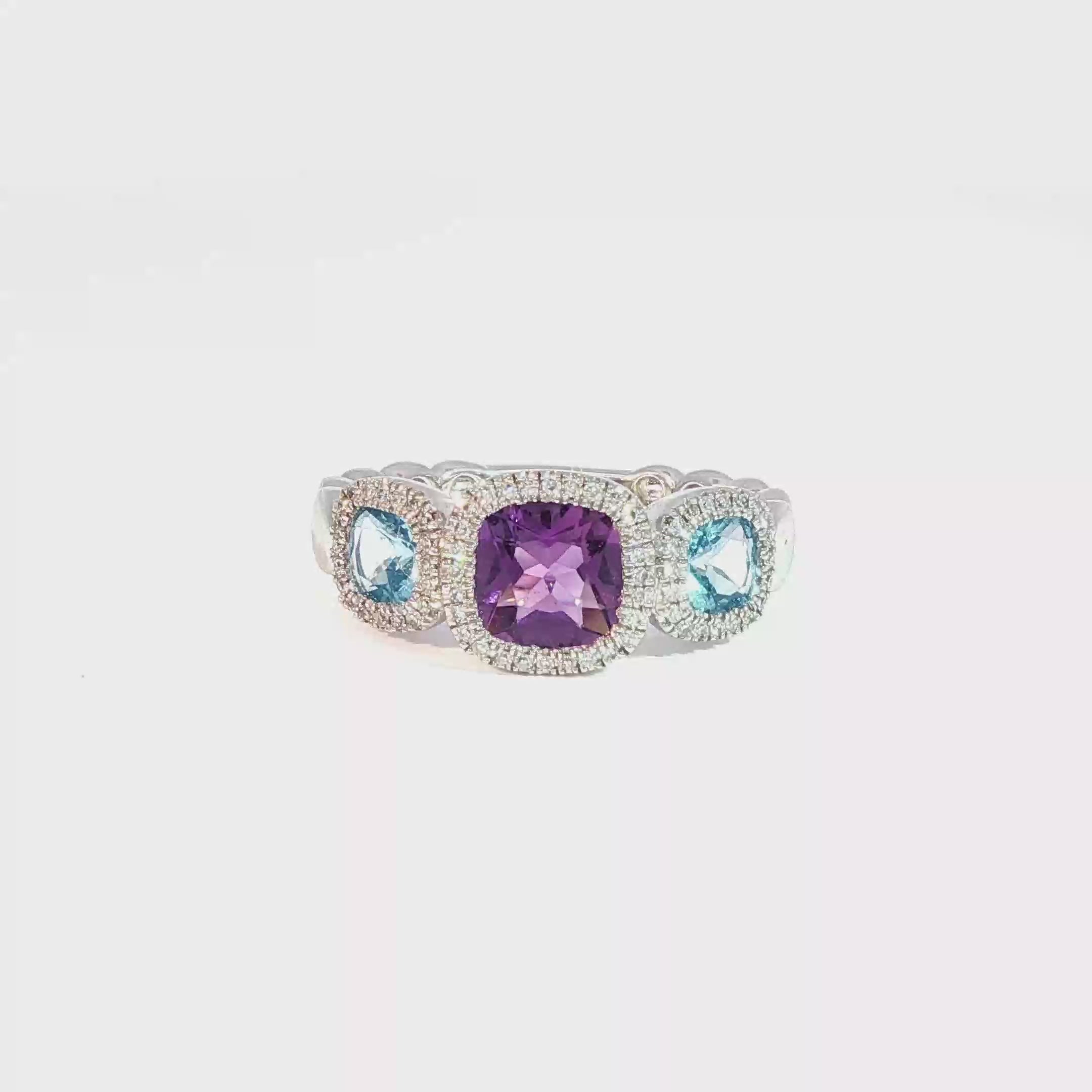 Anillo Oro Blanco Amatista Topacio Diamante